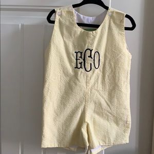 Boys yellow Seersucker romper with monogram